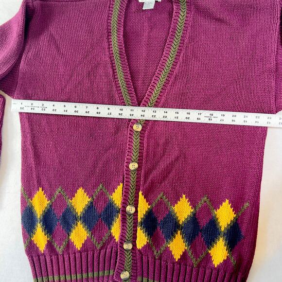 Empress Sportswear LTD. Cardigan Sweater Woman's L 5- Button Up Purple Argyle - Picture 5 of 9